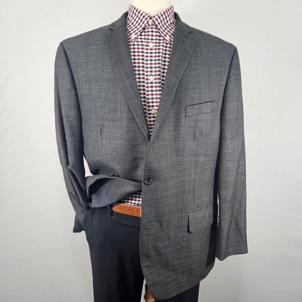 Michael Kors Men's Sport Coat Blazer Two Button Gray Plaid Polyester Blend 48R